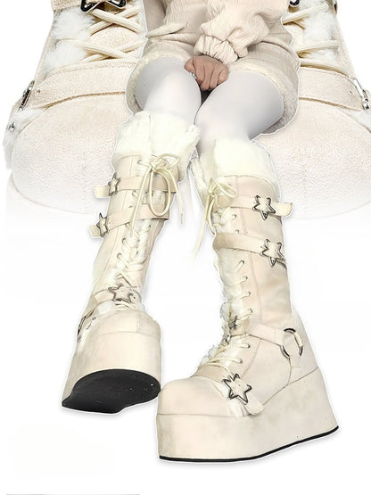 Y2K Creamy White Star Buckle Straps Plush Trim Platform Boots