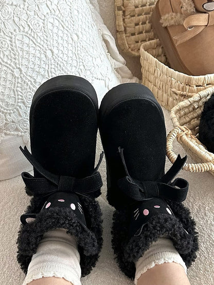 Black Kitty Bow Accent Fleece Lined Platform Winter Ankle Boots