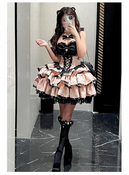 Pink Bowknot Fabric Tiered Puffy Skirt Halter Neck Birthday Corset Dress