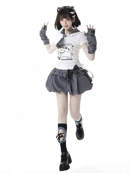 Side Armwear Free Ears with T-shirt Kitty Design Sailor Collar White Drawstring