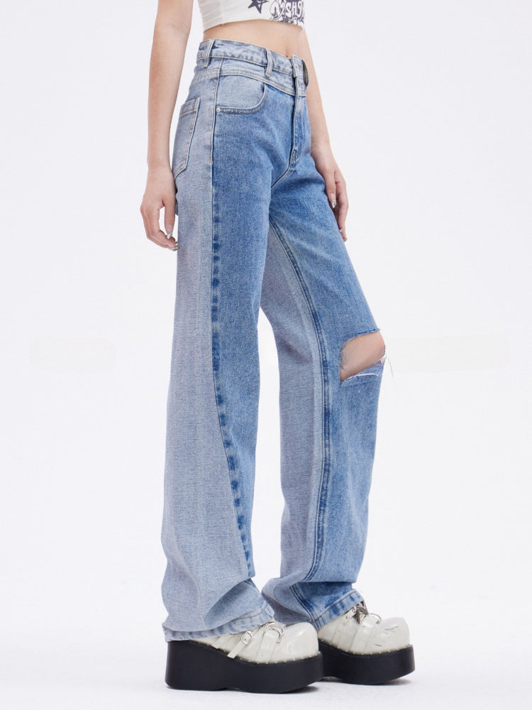 Blue Distressed Hole Jeans Slim-fitting Straight-leg