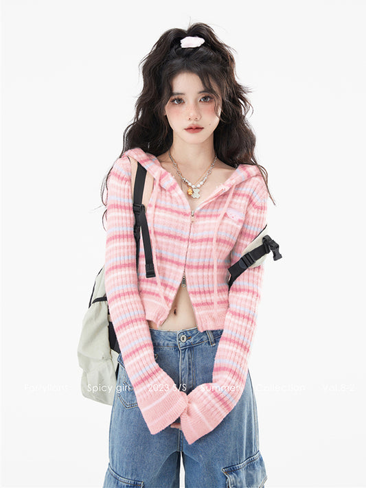 Black Pattern Stripe Hooded Cardigan / Pink