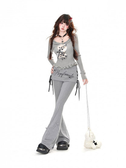 Grey Star Applique Glamorous Flared Pants with Lace-up Detail at Side