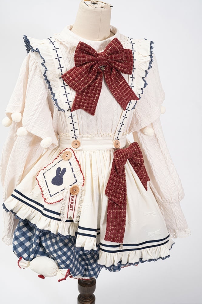 White Long Sleeves Knitted Top Apron Blue Plaid Pattern Bloomer Shorts Sweet Lolita Full Set