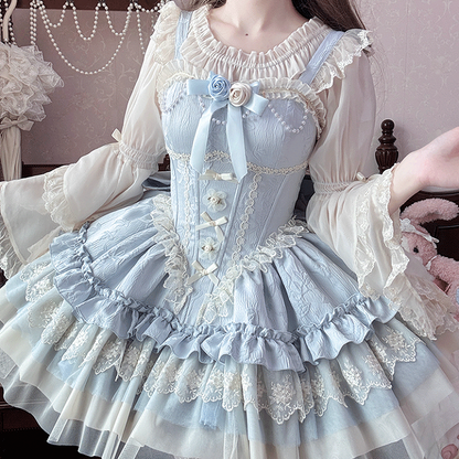 Blue Big Puffy Dress Hime Lolita Balletcore Bow Fabric Train JSK Boned Basque Waist Jacquard with