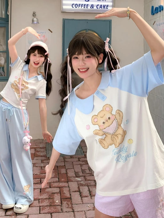 Blue and White Asymmetrical Peter Pan Collar Bear Print T-Shirt Long Version