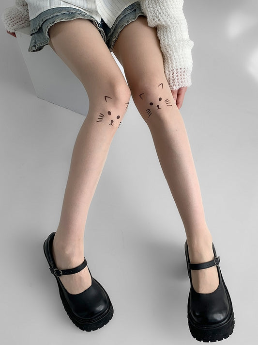 Cat Sheer Tights Nude Print
