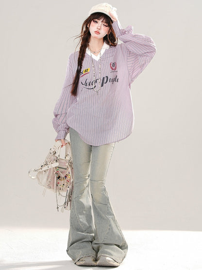 Blue/Pink Letters Embroidery V-neck Striped Loose Top