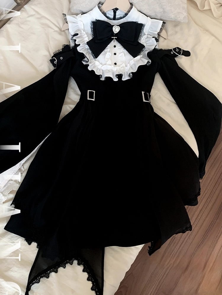Dress Open Shoulder with Adjustable Heart Buckles and Handkerchief Hem and Jirai Kei Black White