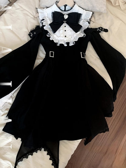 Dress Open Shoulder with Adjustable Heart Buckles and Handkerchief Hem and Jirai Kei Black White