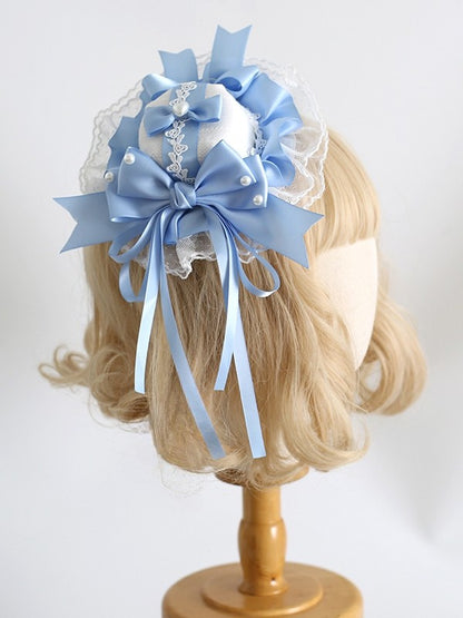 Blau-weiße Clips, Lolita-Dekordetails, süße Spitze, Perlen-Mini mit Hut und Schleife