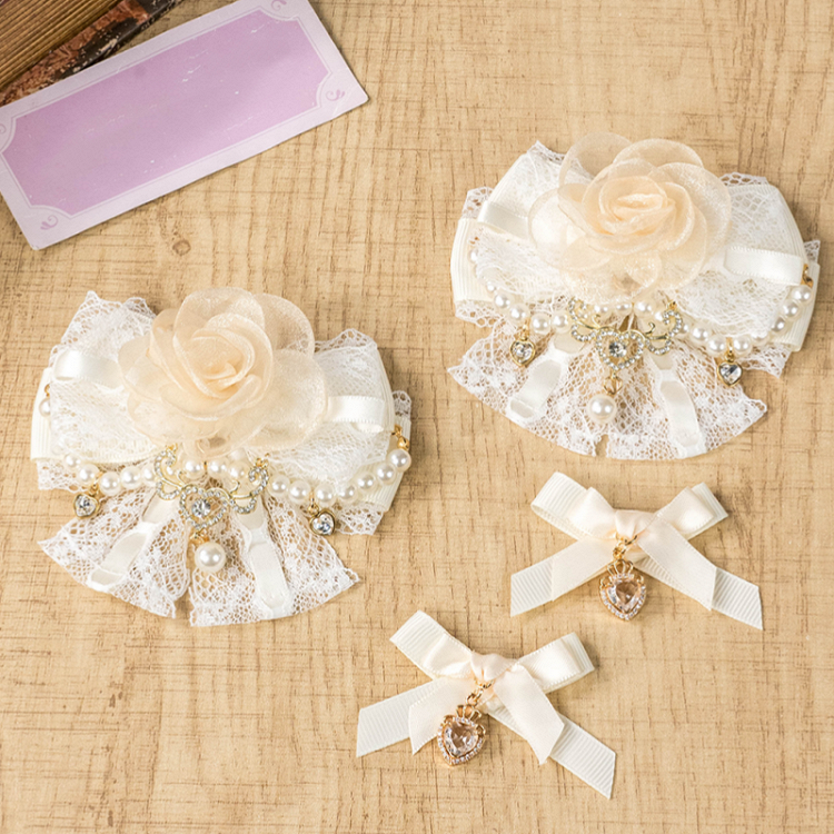 Jirai Kei Pink/Apricot/Black Lace Rose Beaded Chain Lolita Hairclip