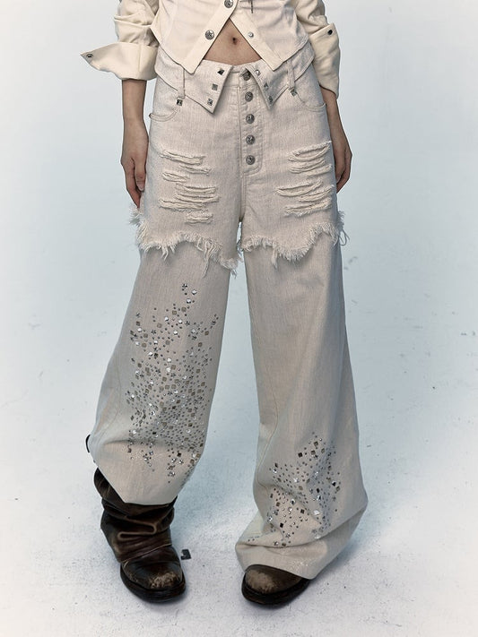 Apricot Wide-Leg Distressed Jeans with Rhinestone