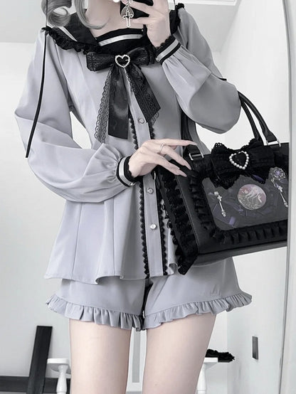 Back Purple Design Ears Tie Jirai Mini Dress + Ruffle Hem Shorts Set- + Bow Dusty Kei Sailor Collar Bunny