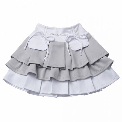 White Colorblock Design Bowknot Tiered Skirt Gray Details