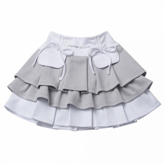 White Colorblock Design Bowknot Tiered Skirt Gray Details