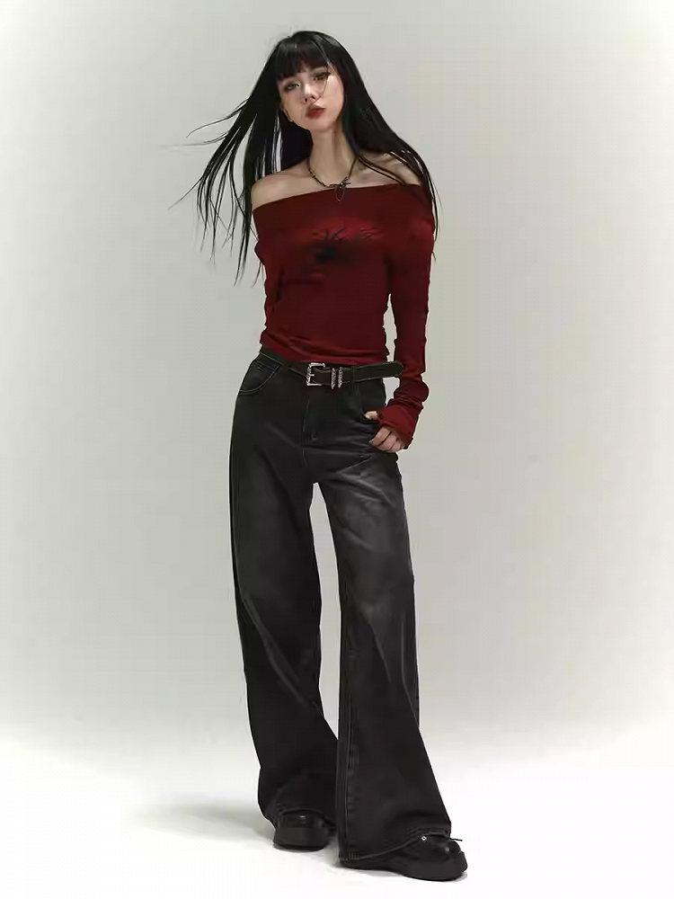Dark Grey Faded Wash Distressed Vintage Wide-Leg Jeans
