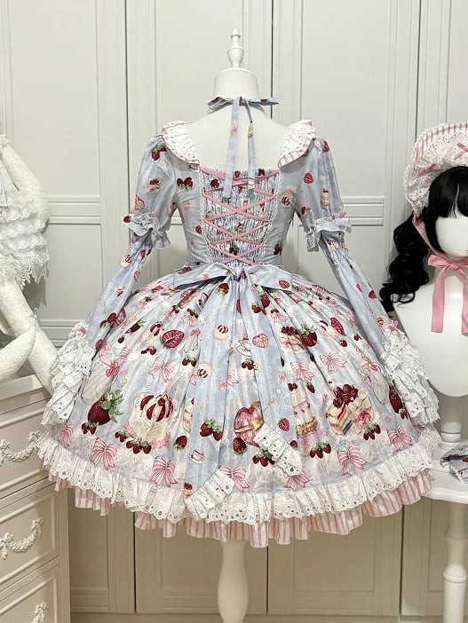 Cake Print Lolita Sleeves Blue Short Bell with Sweet Dress Strawberry Detachable