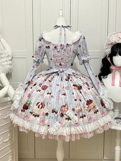 Cake Print Lolita Sleeves Blue Short Bell with Sweet Dress Strawberry Detachable