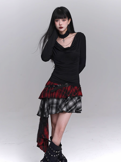 Red  Black Mesh Asymmetrical Plaid Skirt with PU Patchwork