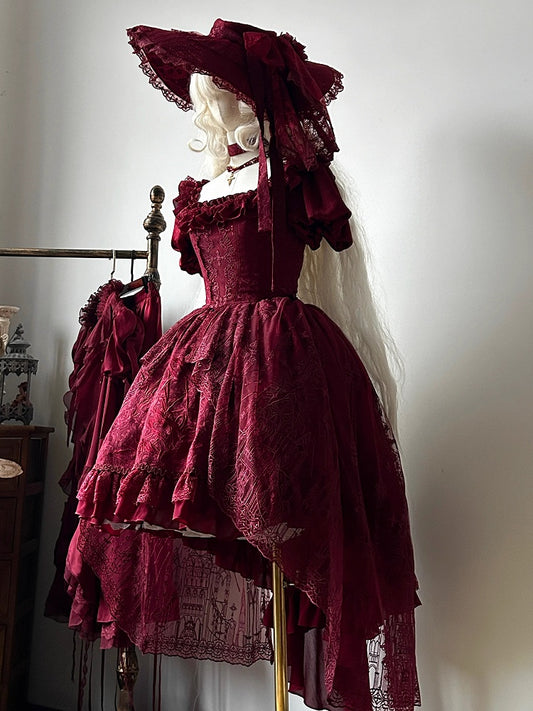Robe jupe haute-basse brodée d'os de dragon rouge gothique Lolita OP avec superposition de broderie cathédrale