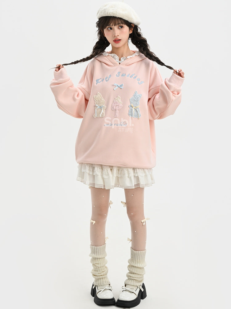 Pink Cute Crocheted Bunnies Details Fleece Lined Hoodie