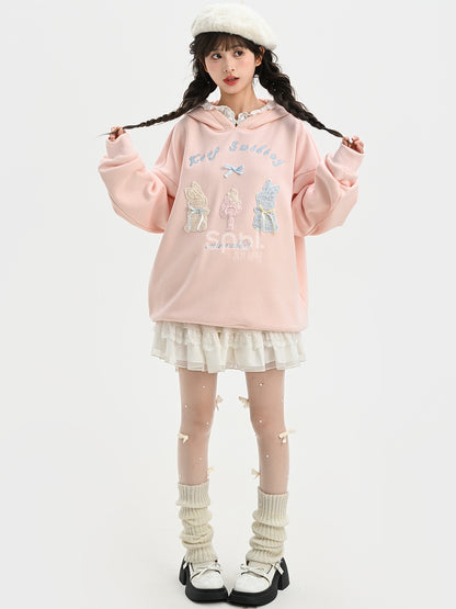 Pink Cute Crocheted Bunnies Details Fleece Lined Hoodie