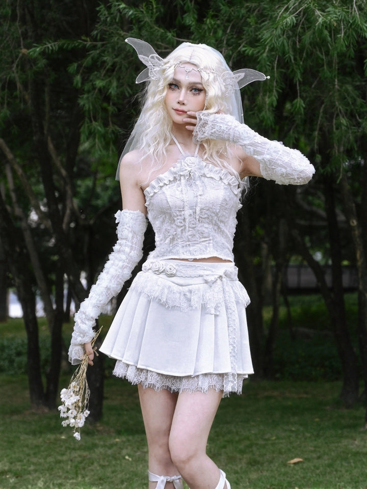 White Lace Raw Fairy Goth Pleated Skirt