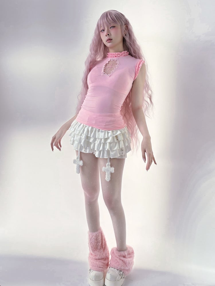 Goth Pink Mock Neck Coffin-Shaped Cutout  Pastel Light Sleeveless Top