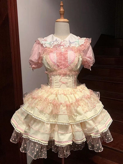 Polka-dot Heart Sweet Ruffled Heart Front Yellow Pink Lolita Dress Pattern