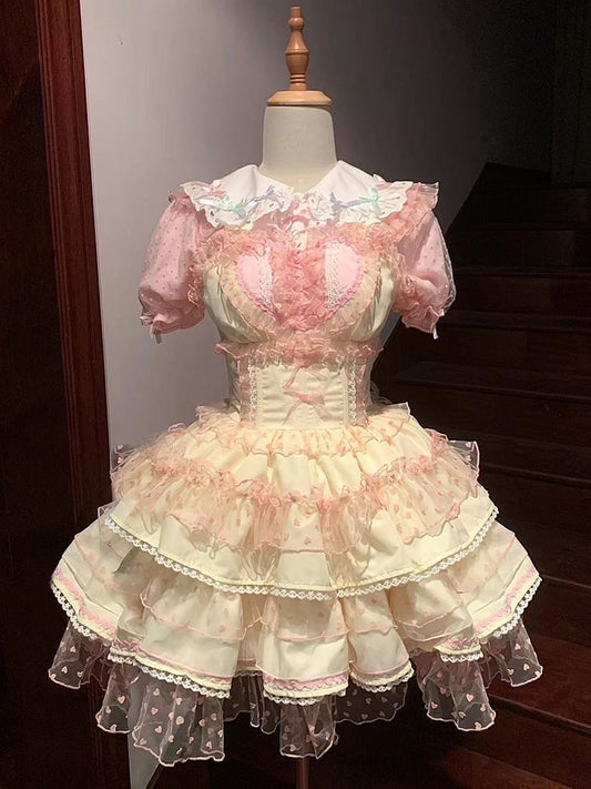 Polka-dot Heart Sweet Ruffled Heart Front Yellow Pink Lolita Dress Pattern