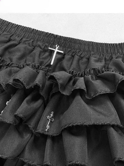 Gothic Schwarz Y2K Hohe Taille Überkreuzter Oberschenkellang Glamourös Gefütterter Stufen-Skort
