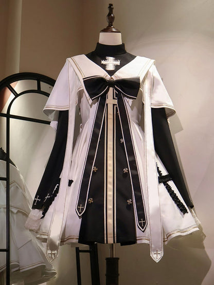 White and Black Nun Lolita Dress Full Set-Bell Sleeves Nun Dress + White Cape + Black Bow Accessory