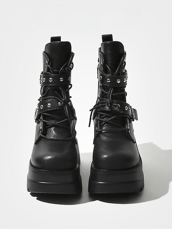 Triple Style Platform - Studs with Black Details Punk System Boots Fastening in