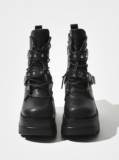 Triple Style Platform - Studs with Black Details Punk System Boots Fastening in