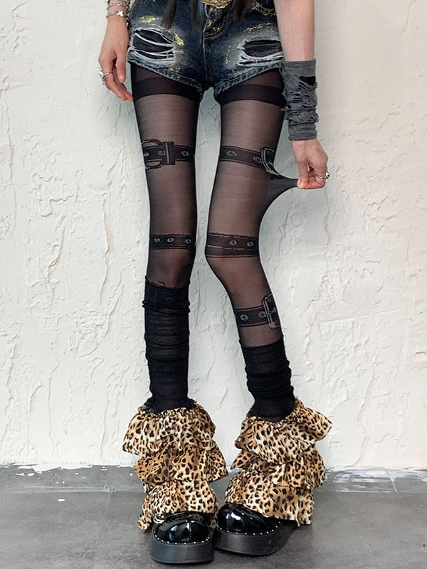 Ensemble de collants noirs à imprimé boucle punk et jambières léopard