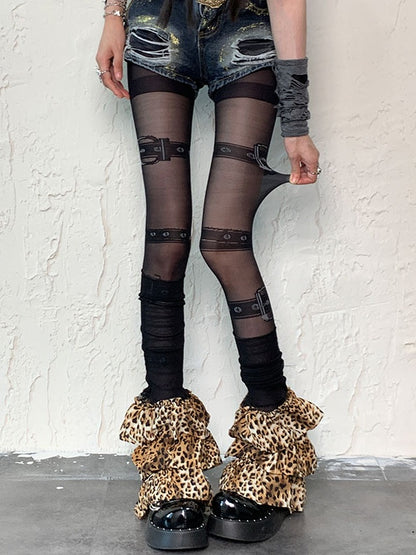Ensemble de collants noirs à imprimé boucle punk et jambières léopard