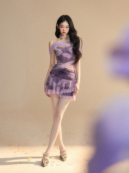 Neckline Butterfly Embroidery Top/Butterfly Accents Applique Glamorous Tiered Skirt Lavender Off-the-shoulder