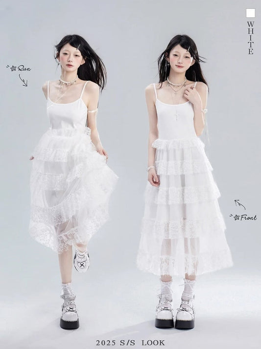 Skirt Cami Dress Waist Chain Sweet White Lace Tiered Free with