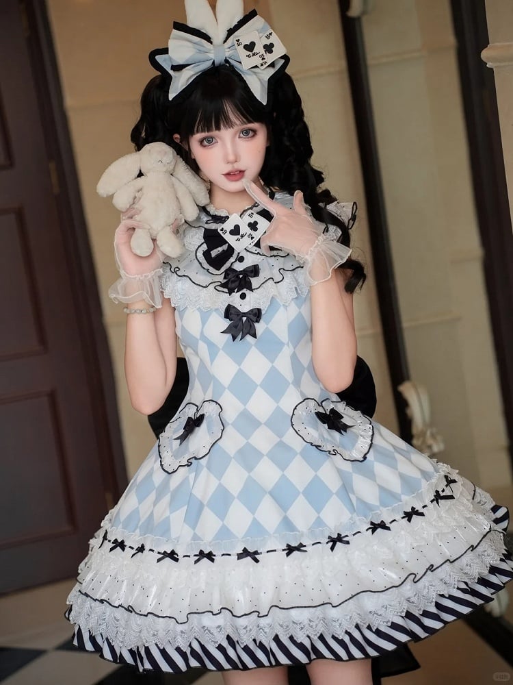 OP Alice in Wonderland Vibes Blue Diamond Pattern Sweet Lolita Dress