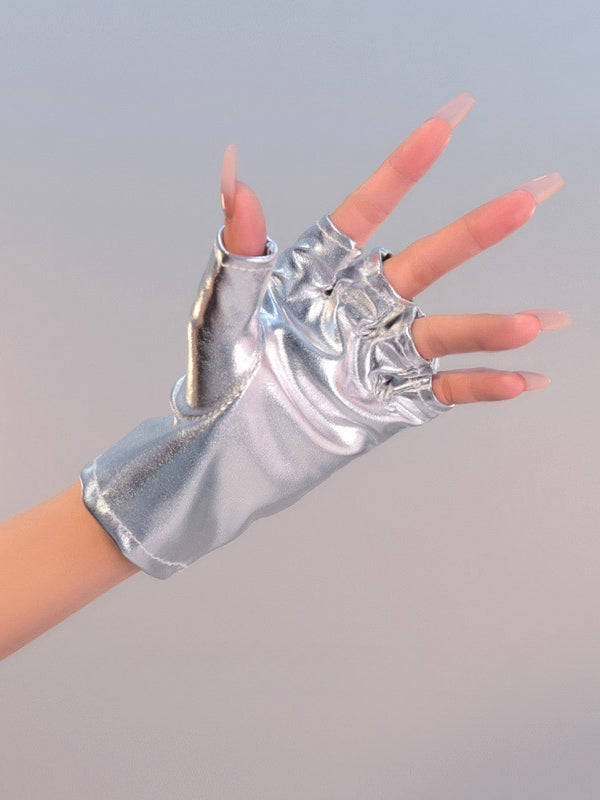 Silver Black Cyberpunk Futuristic Half Finger Gloves