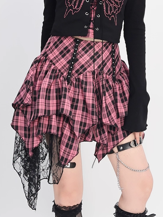 Waist Pink Plaid Handkerchief Hem Tiered Skirt High and Black