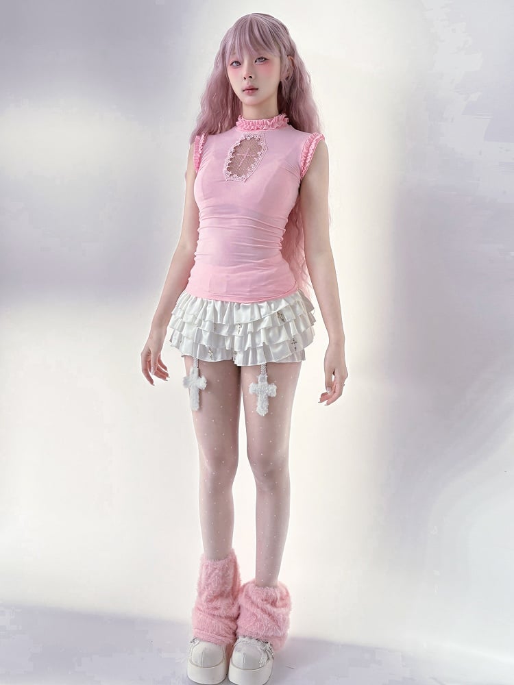 Skort aus Metall mit Kreuzanhängern, weißer elastischer Bund, gestufte, verzierte Rüschen