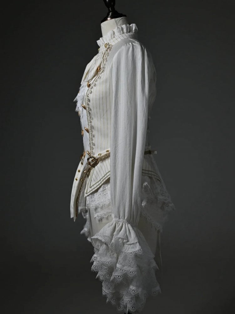 White Jabot Long Cuffs Ruffle Neckline Cadcading Sleeves