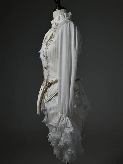 White Jabot Long Cuffs Ruffle Neckline Cadcading Sleeves