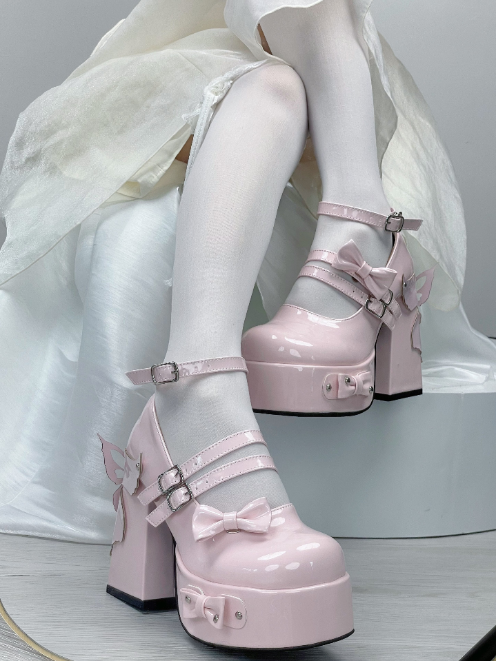 Pink Bowknot Stud Butterfly Platform High Block Heels Lolita Shoes