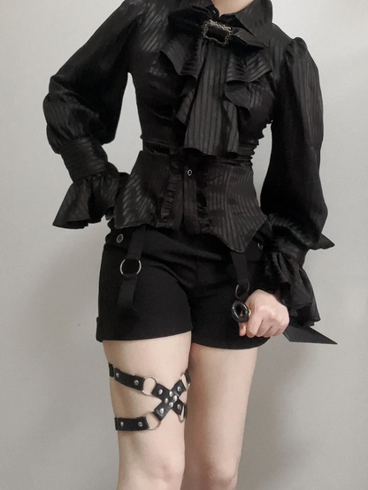 Black Ouji Lolita Long Sleeves Shirt with Jabot Bowtie