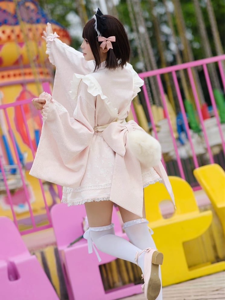 Wa Kei Pink Set-Bell Full Style Jirai Sleeves Blossom Apron Dress+Flutter Outfit Festival Cherry