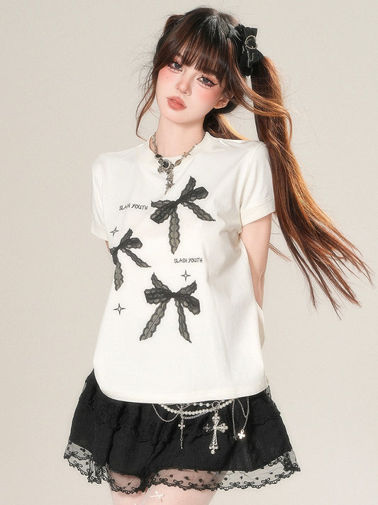 White/Black Daily Print Bowknot Kawaii T-shirt