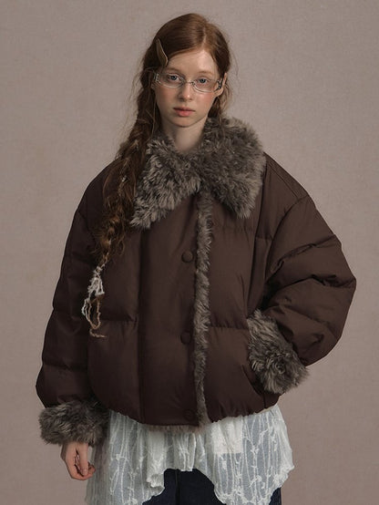 Beige/Brown Short Puffer Jacket with Faux Fur Trim and White Duck Down Filling